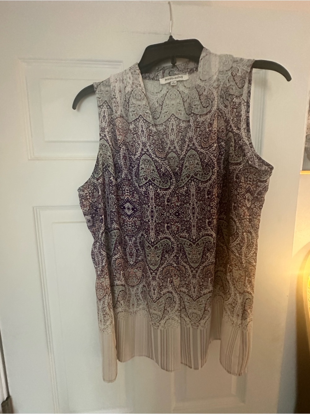 Rose & Olive Purple Paisley Sleeveless V-Neck Tank with Cream Hem